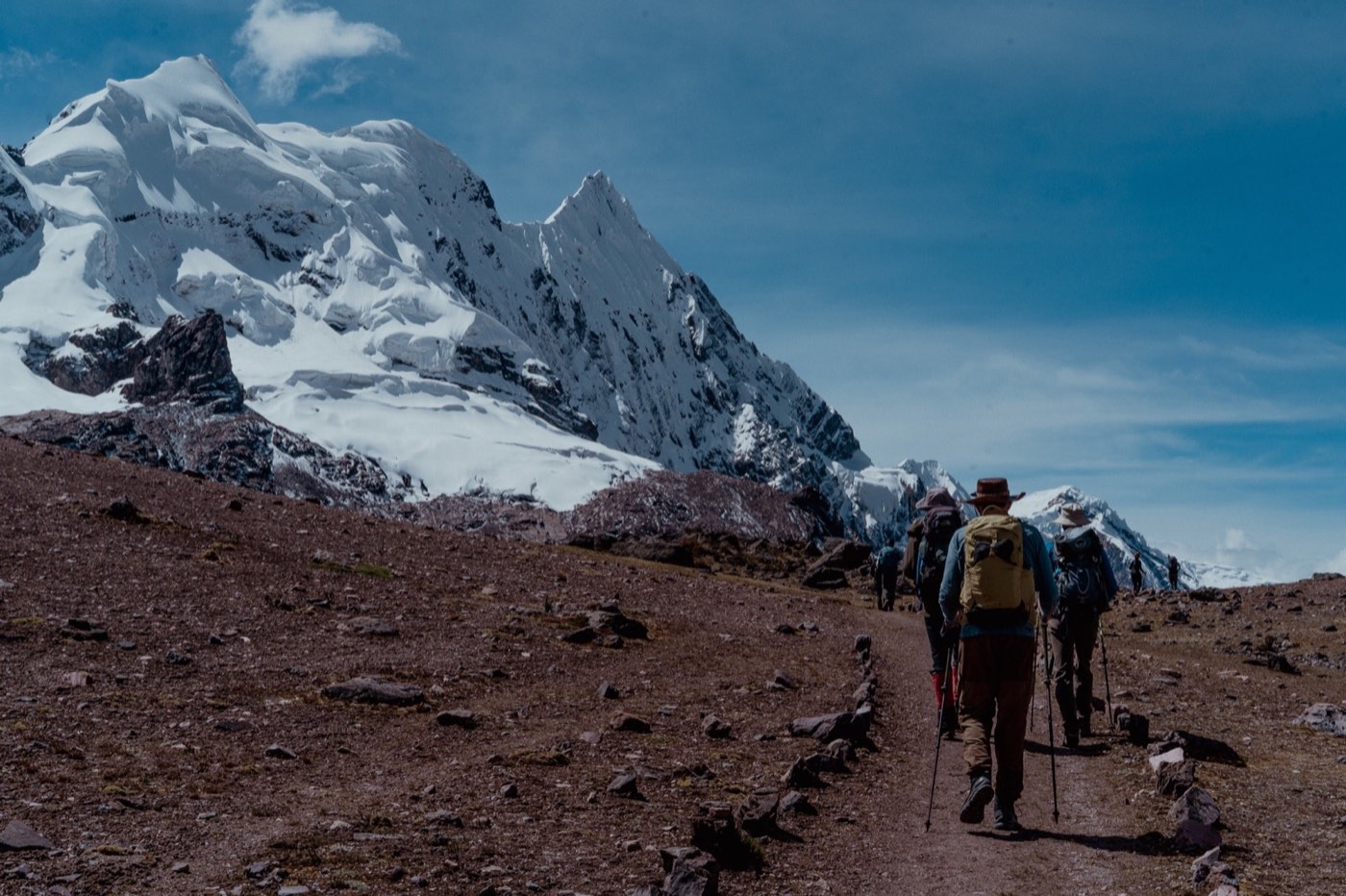 El grupo avanza por el sendero al pie de las cumbres nevadas.
