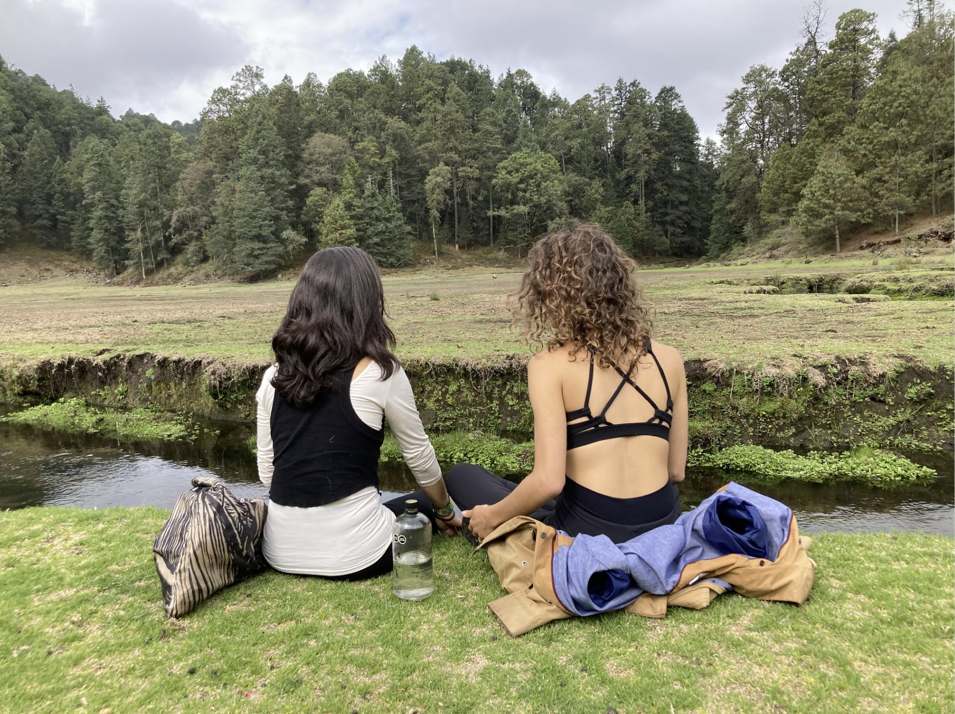 Dos participantes contemplan el arroyo y el bosque desde la orilla.