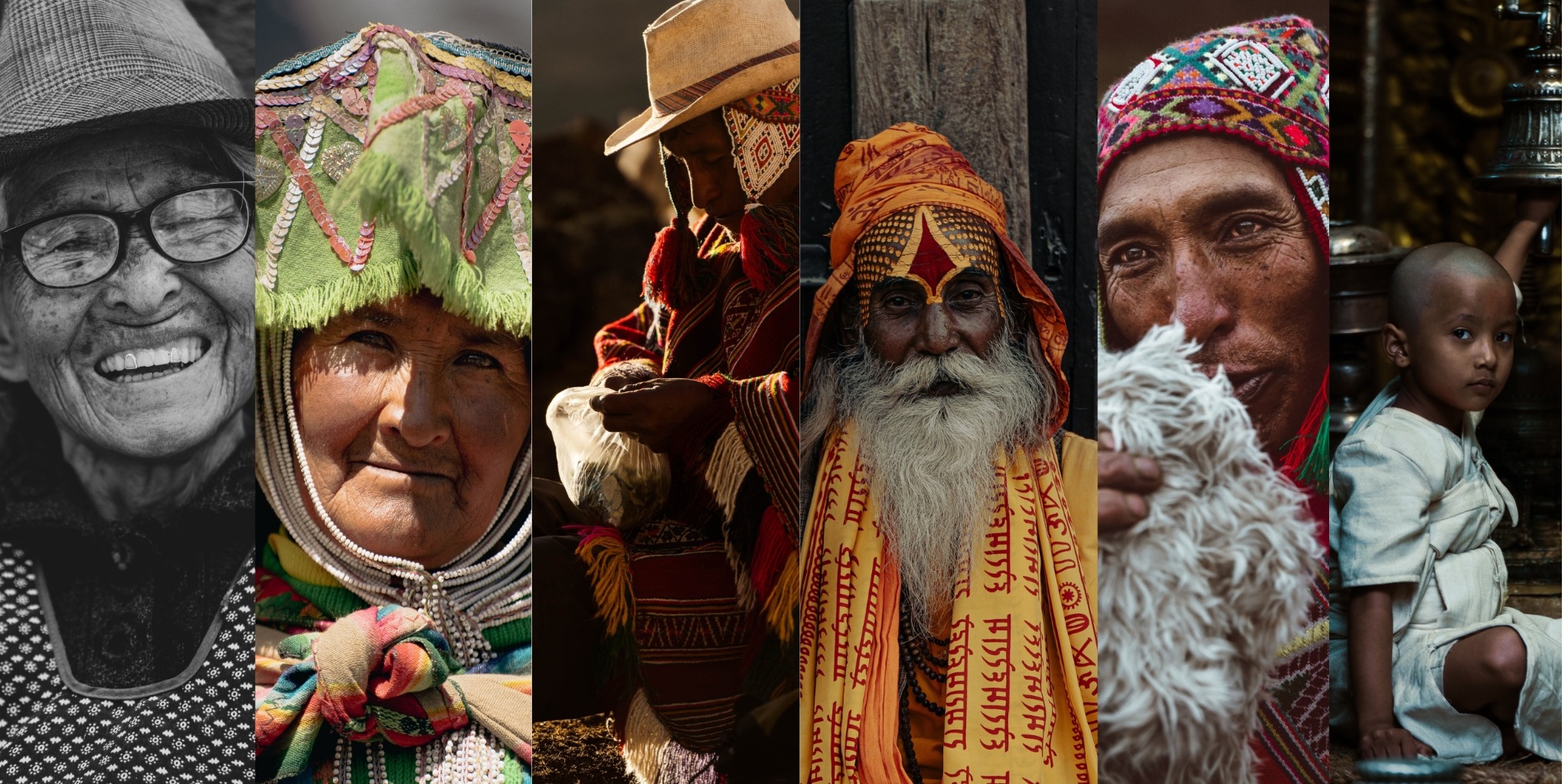 Retratos de personas y guardianes culturales de México, Perú, India y Nepal.