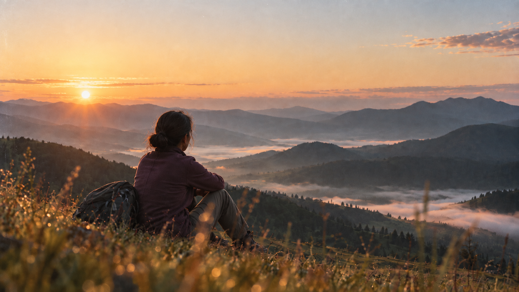 Una persona contempla el amanecer sobre montañas y valles entre la niebla.
